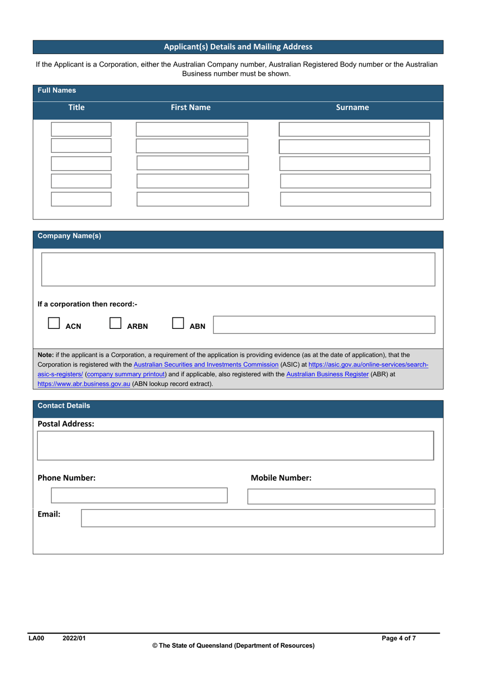 Form LA00 Part A Contact and Land Details - Queensland, Australia, Page 4