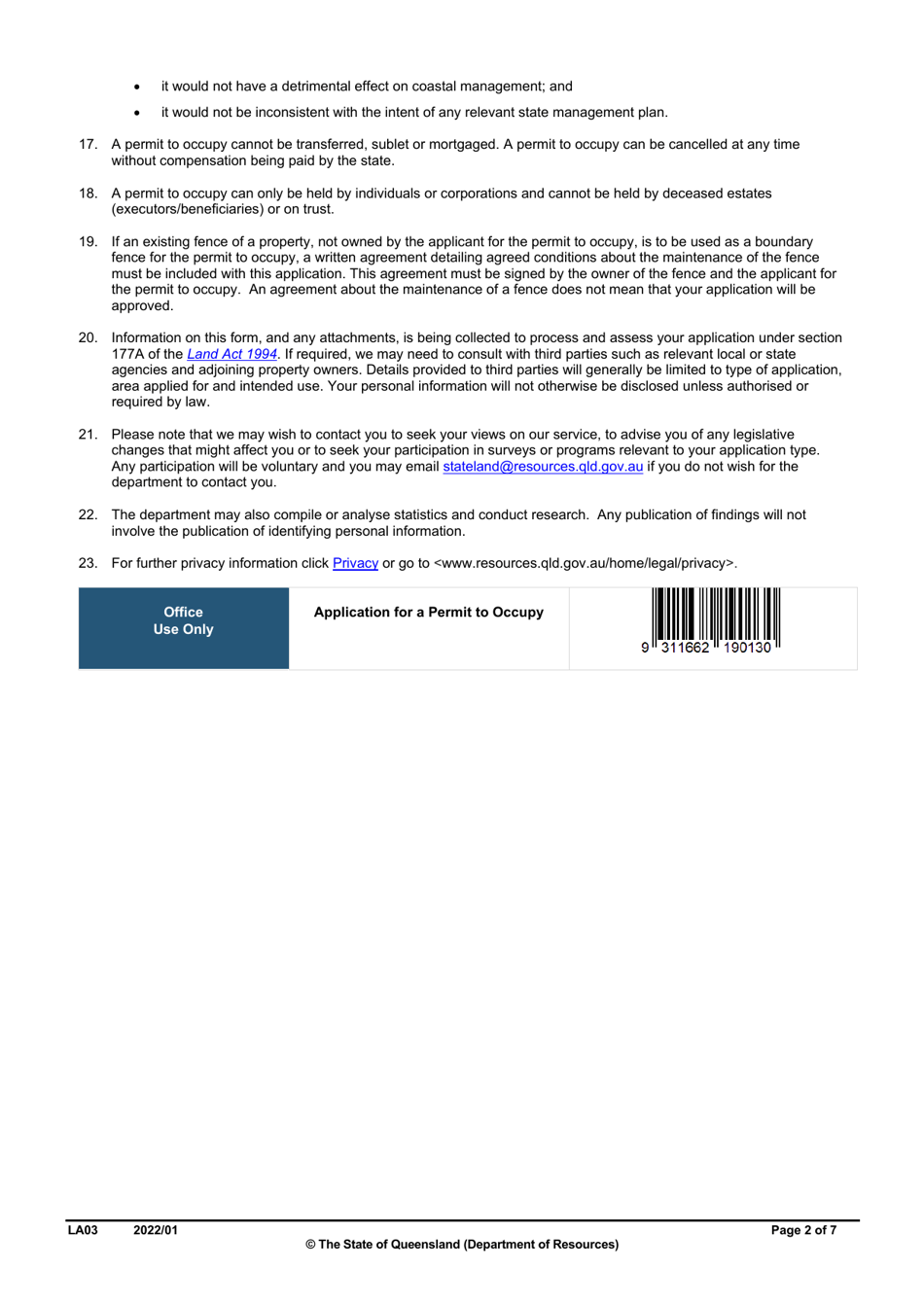 Form LA03 Part B Permit to Occupy Application - Queensland, Australia, Page 2