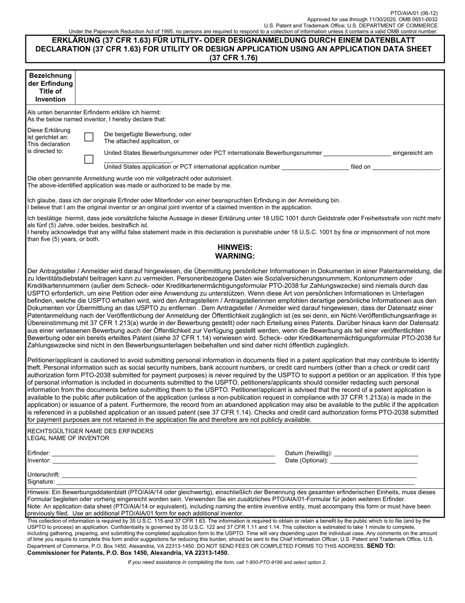 Form PTO / AIA / 01 Declaration (37 Cfr 1.63) for Utility or Design Application Using an Application Data Sheet (37 Cfr 1.76) (English / German), Page 1