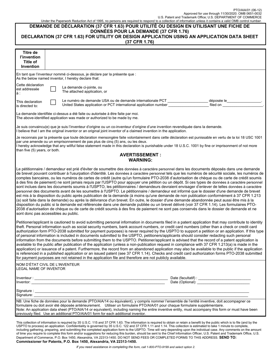 Form PTO/AIA/01 - Fill Out, Sign Online And Download Fillable PDF ...