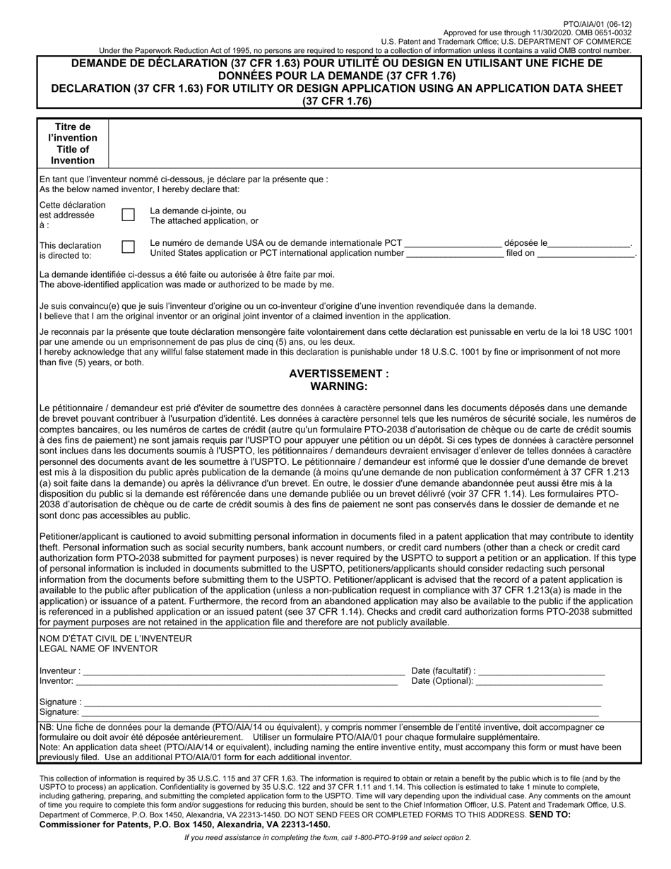Form PTO / AIA / 01 Declaration (37 Cfr 1.63) for Utility or Design Application Using an Application Data Sheet (37 Cfr 1.76) (English / French), Page 1