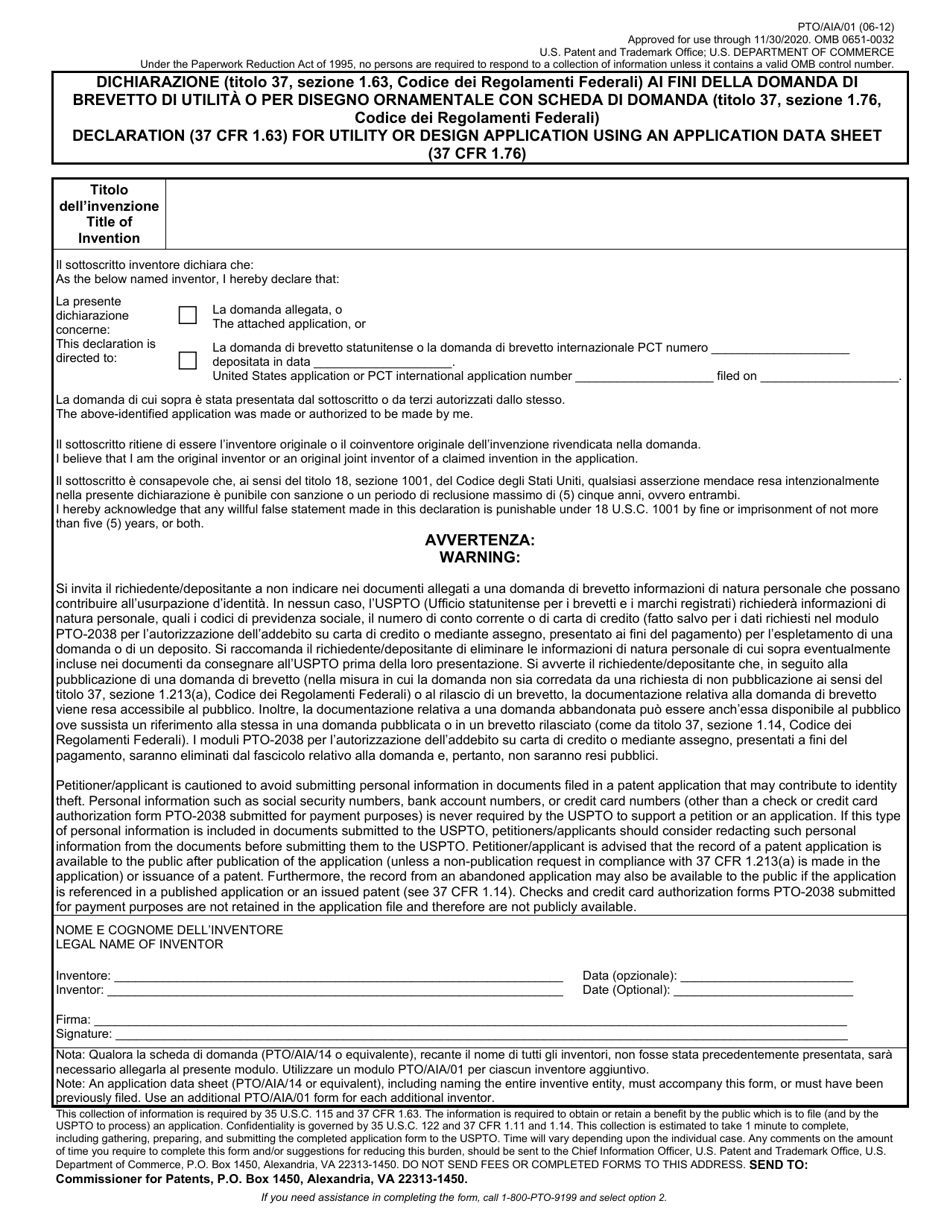 Form PTO/AIA/01 - Fill Out, Sign Online And Download Fillable PDF ...