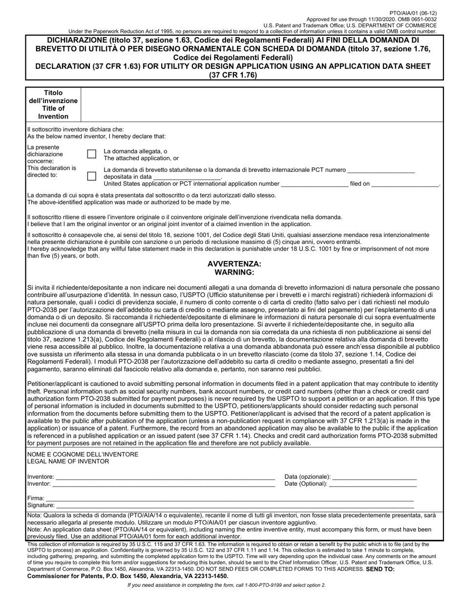 Form PTO / AIA / 01 Declaration (37 Cfr 1.63) for Utility or Design Application Using an Application Data Sheet (37 Cfr 1.76) (English / Italian), Page 1