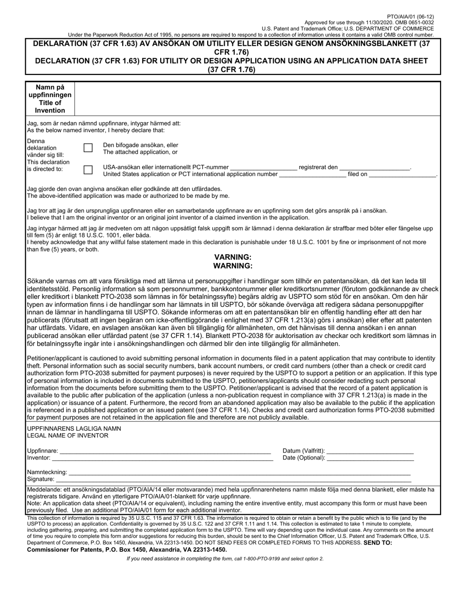 Form PTO / AIA / 01 Declaration (37 Cfr 1.63) for Utility or Design Application Using an Application Data Sheet (37 Cfr 1.76) (English / Swedish), Page 1