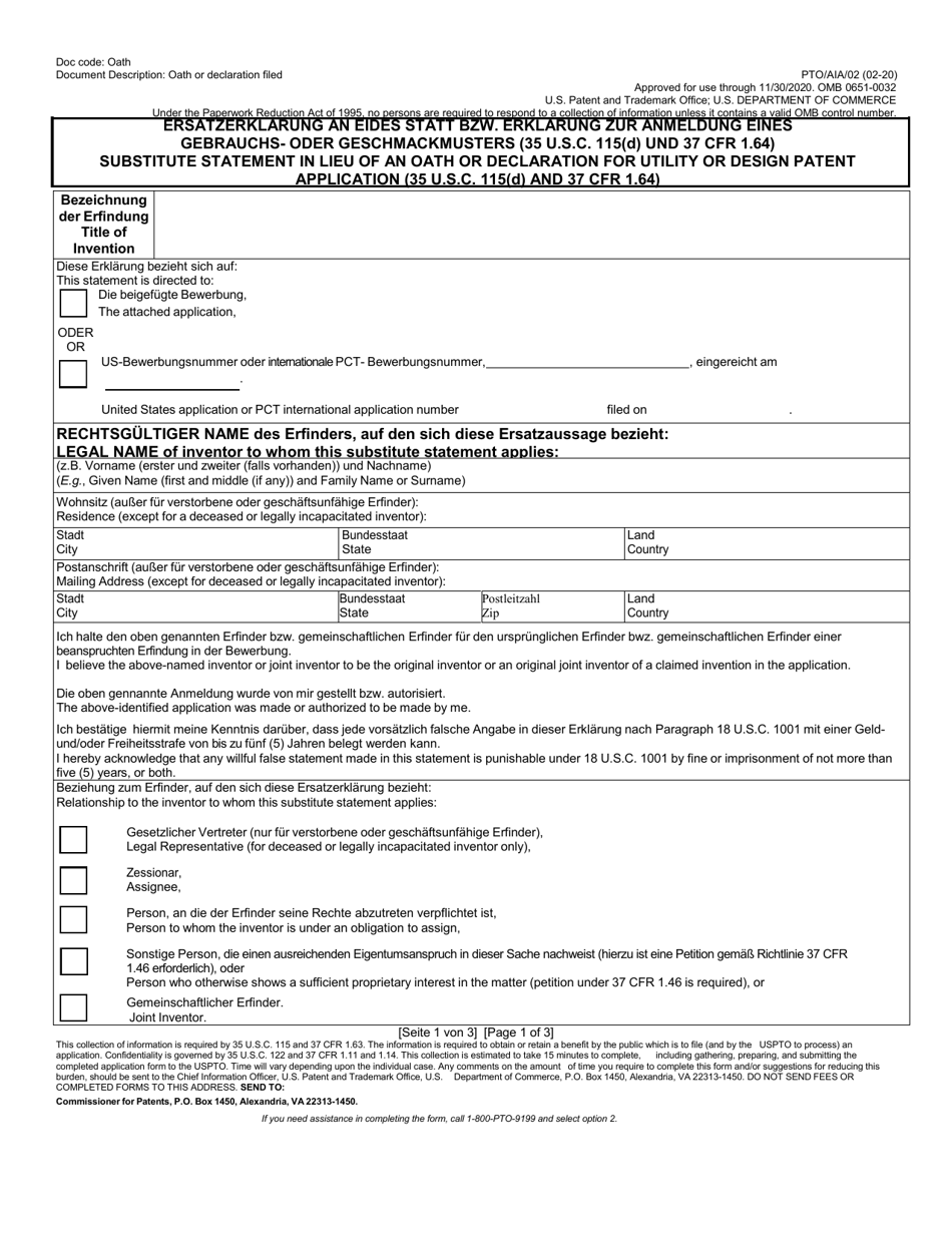 Form PTO / AIA / 02 Substitute Statement in Lieu of an Oath or Declaration for Utility or Design Patent Application (35 U.s.c. 115(D) and 37 Cfr 1.64) (English / German), Page 1