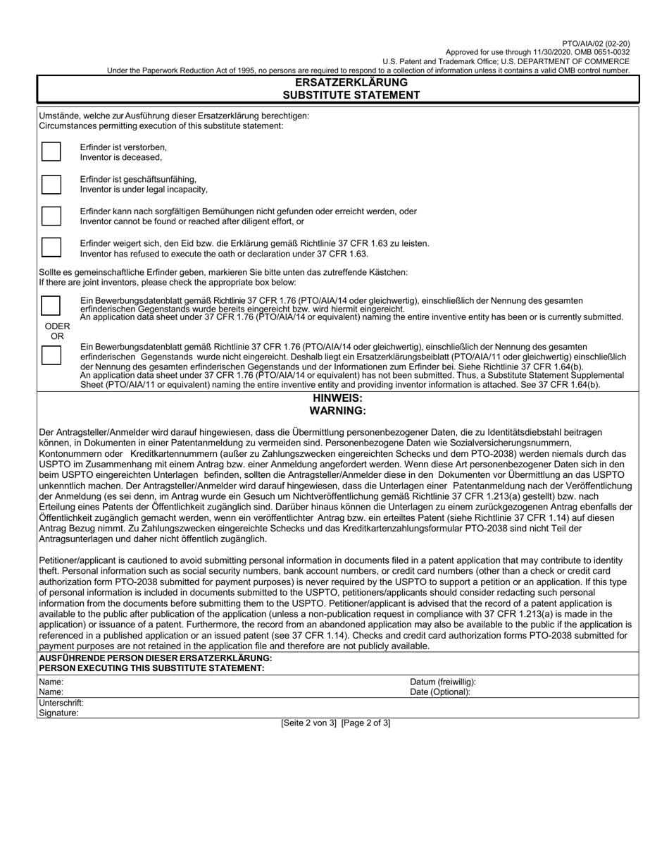 Form PTO / AIA / 02 Substitute Statement in Lieu of an Oath or Declaration for Utility or Design Patent Application (35 U.s.c. 115(D) and 37 Cfr 1.64) (English / German), Page 2