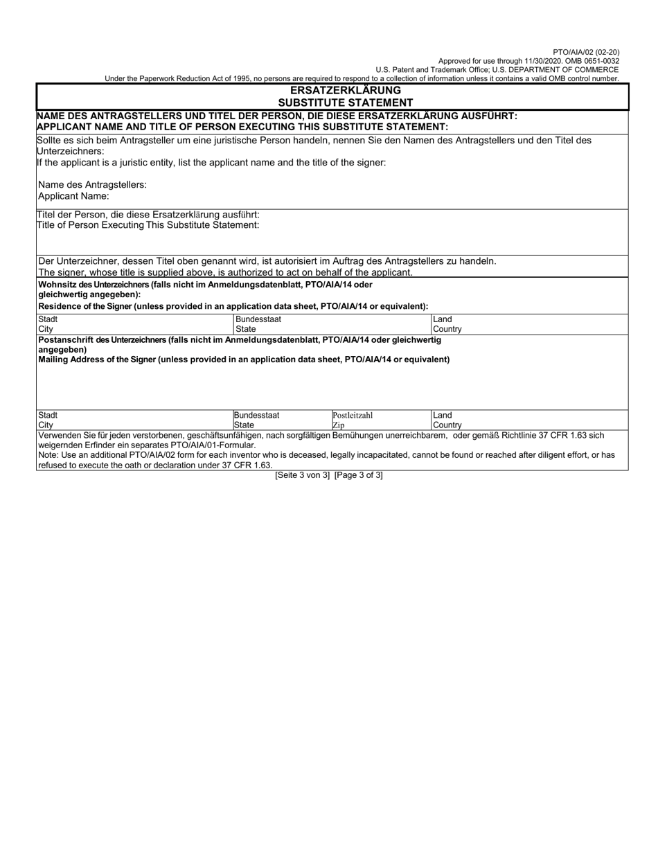 Form PTO / AIA / 02 Substitute Statement in Lieu of an Oath or Declaration for Utility or Design Patent Application (35 U.s.c. 115(D) and 37 Cfr 1.64) (English / German), Page 3