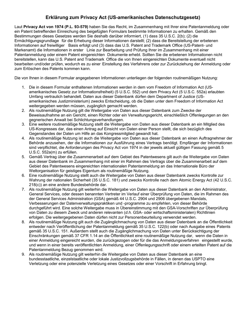 Form PTO / AIA / 02 Substitute Statement in Lieu of an Oath or Declaration for Utility or Design Patent Application (35 U.s.c. 115(D) and 37 Cfr 1.64) (English / German), Page 4