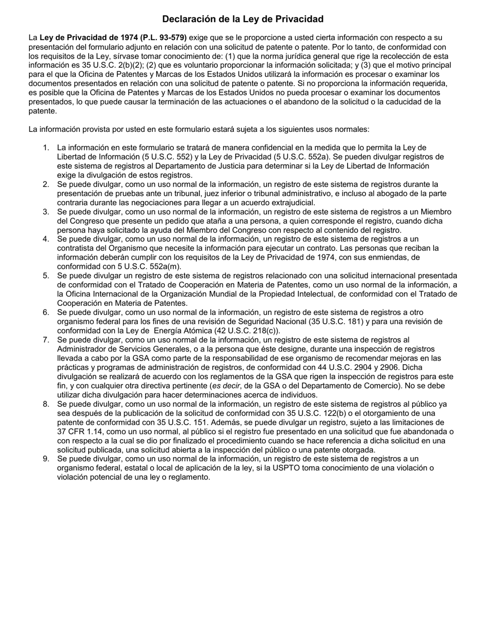 Form PTO / AIA / 02 Substitute Statement in Lieu of an Oath or Declaration for Utility or Design Patent Application (35 U.s.c. 115(D) and 37 Cfr 1.64) (English / Spanish), Page 4