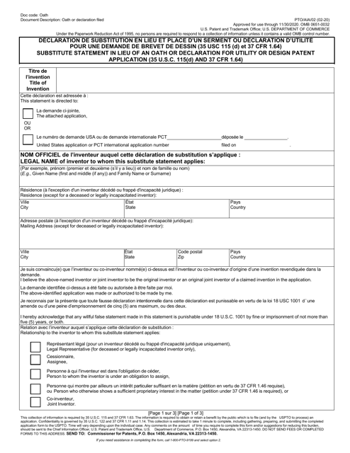 Form PTO/AIA/02 Substitute Statement in Lieu of an Oath or Declaration for Utility or Design Patent Application (35 U.s.c. 115(D) and 37 Cfr 1.64) (English/French)