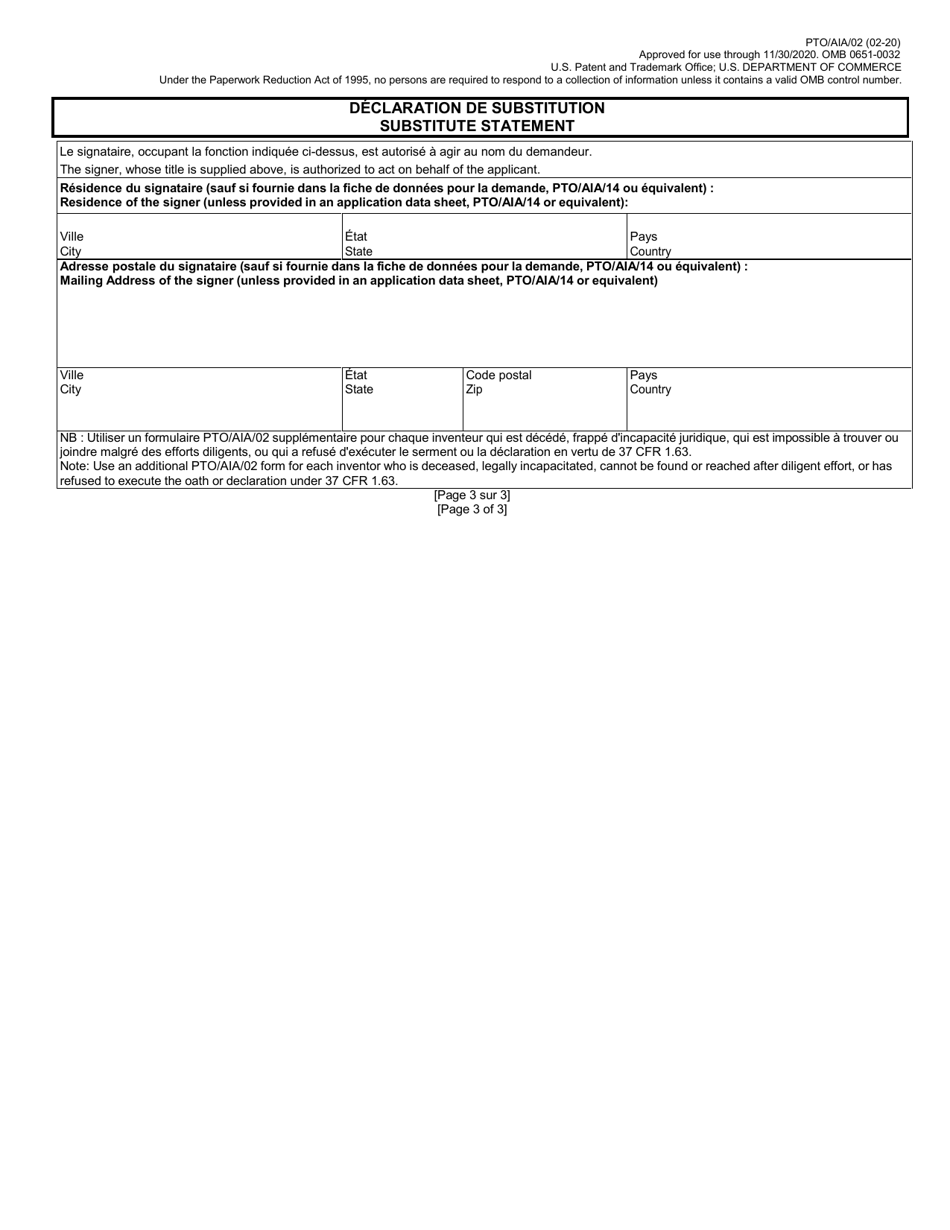 Form PTO / AIA / 02 Substitute Statement in Lieu of an Oath or Declaration for Utility or Design Patent Application (35 U.s.c. 115(D) and 37 Cfr 1.64) (English / French), Page 3