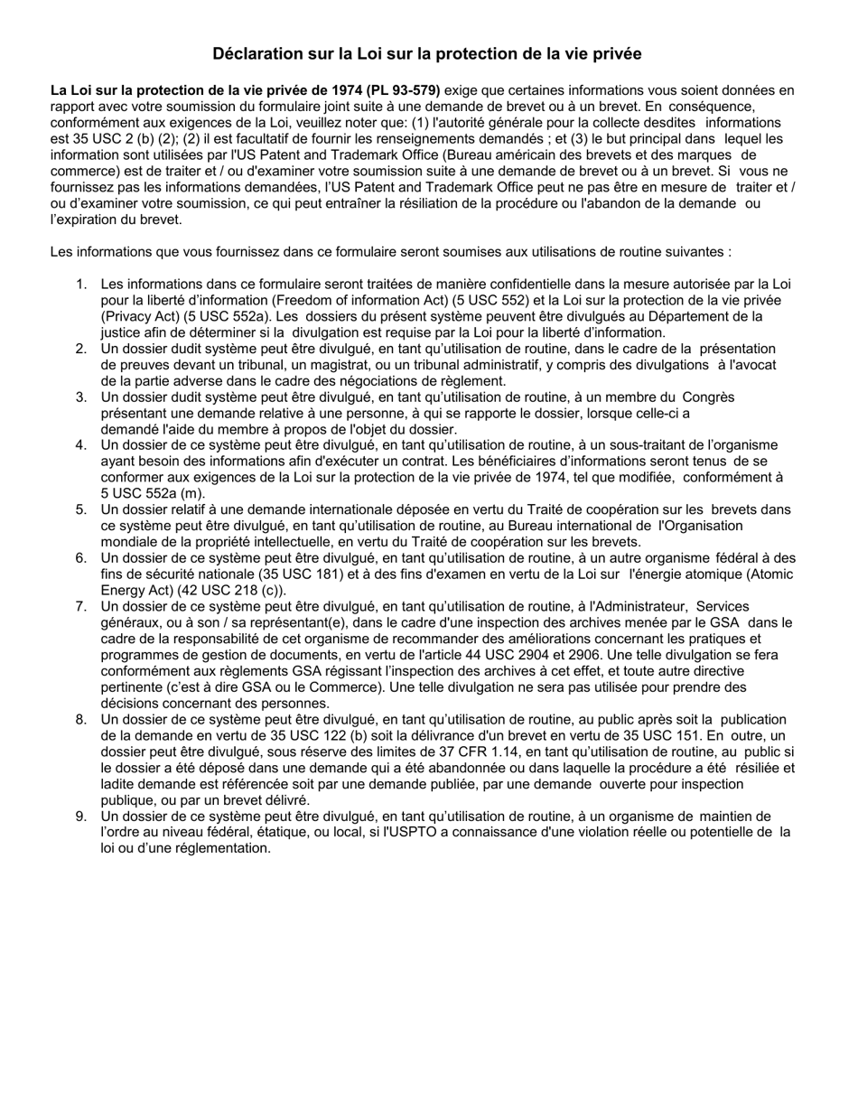 Form PTO / AIA / 02 Substitute Statement in Lieu of an Oath or Declaration for Utility or Design Patent Application (35 U.s.c. 115(D) and 37 Cfr 1.64) (English / French), Page 4