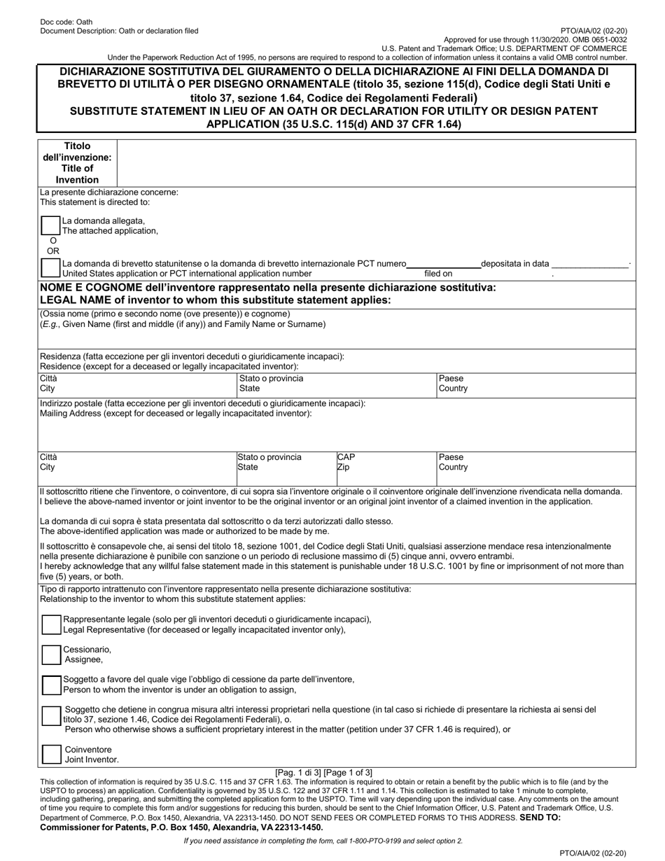Form PTO / AIA / 02 Substitute Statement in Lieu of an Oath or Declaration for Utility or Design Patent Application (35 U.s.c. 115(D) and 37 Cfr 1.64) (English / Italian), Page 1