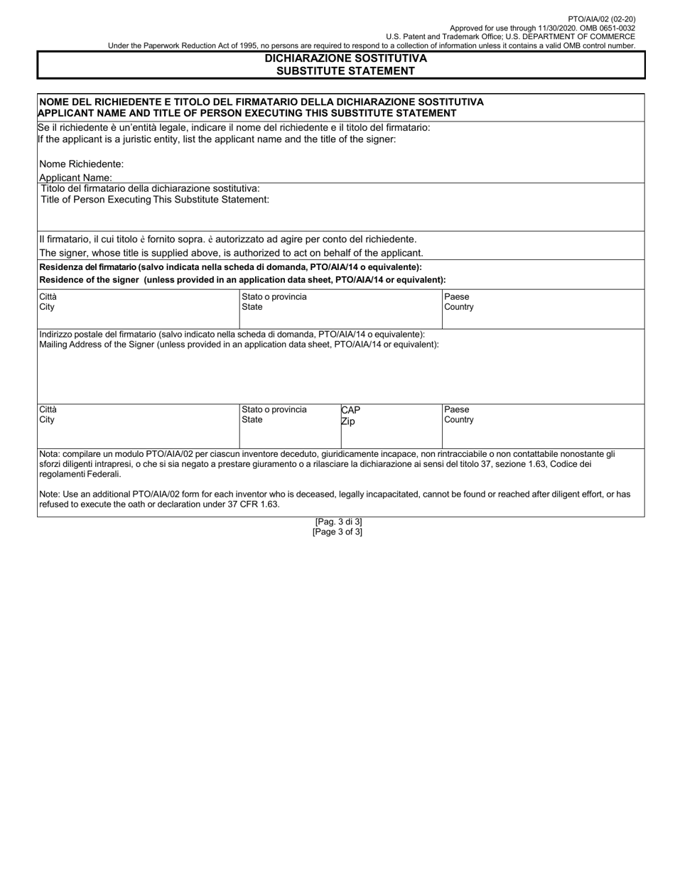 Form PTO / AIA / 02 Substitute Statement in Lieu of an Oath or Declaration for Utility or Design Patent Application (35 U.s.c. 115(D) and 37 Cfr 1.64) (English / Italian), Page 3