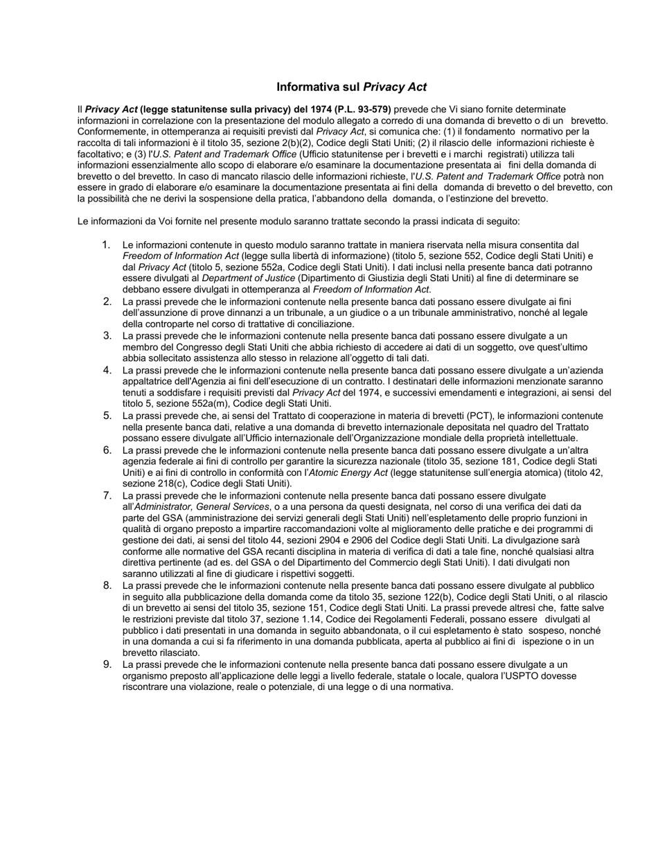 Form PTO / AIA / 02 Substitute Statement in Lieu of an Oath or Declaration for Utility or Design Patent Application (35 U.s.c. 115(D) and 37 Cfr 1.64) (English / Italian), Page 4