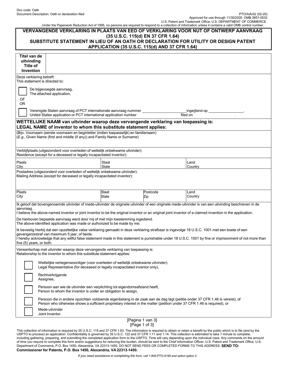 Form PTO / AIA / 02 Substitute Statement in Lieu of an Oath or Declaration for Utility or Design Patent Application (35 U.s.c. 115(D) and 37 Cfr 1.64) (English / Dutch), Page 1