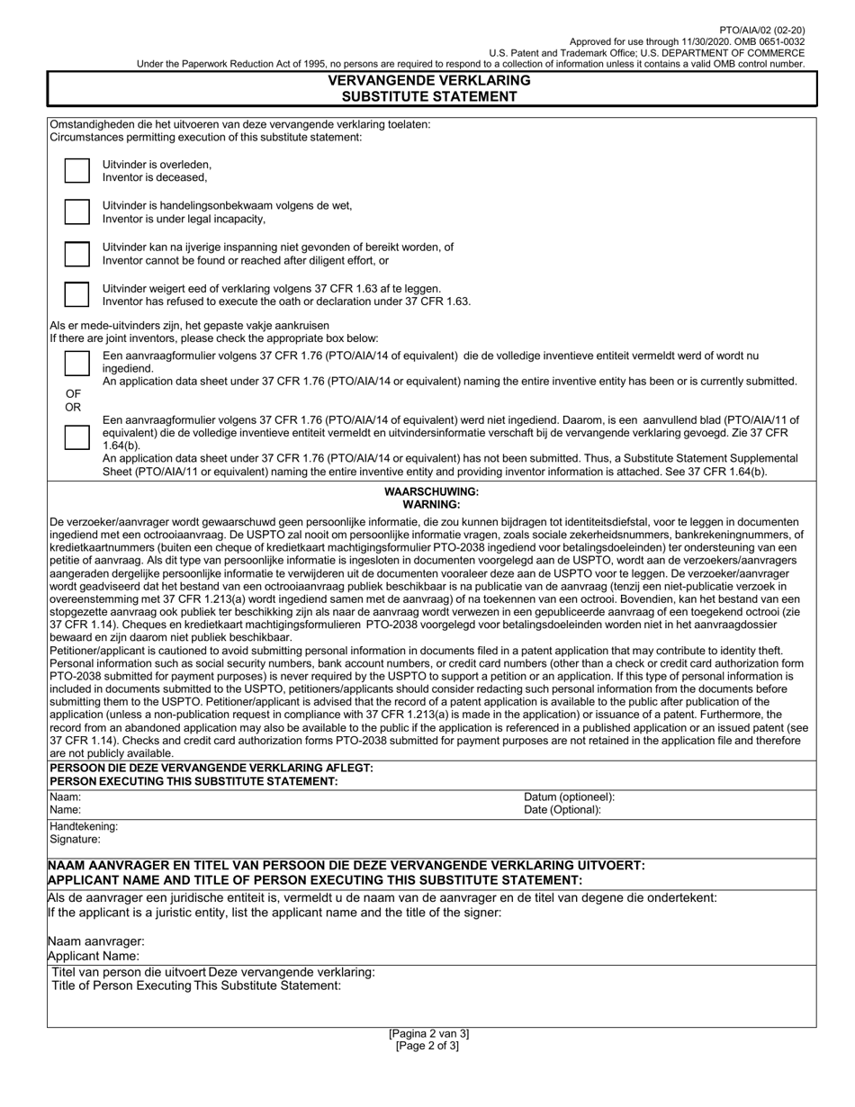Form PTO / AIA / 02 Substitute Statement in Lieu of an Oath or Declaration for Utility or Design Patent Application (35 U.s.c. 115(D) and 37 Cfr 1.64) (English / Dutch), Page 2