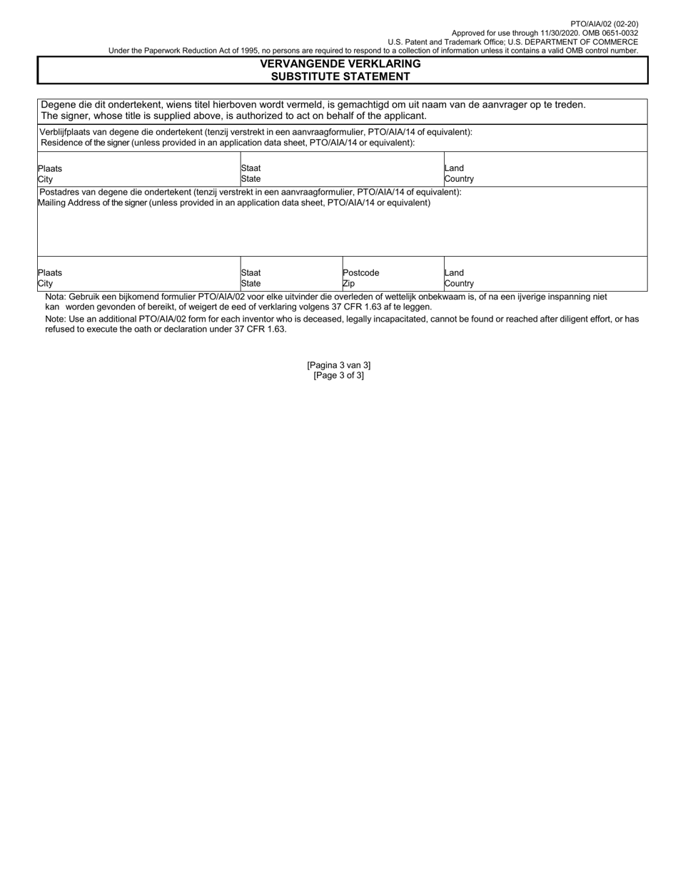 Form PTO / AIA / 02 Substitute Statement in Lieu of an Oath or Declaration for Utility or Design Patent Application (35 U.s.c. 115(D) and 37 Cfr 1.64) (English / Dutch), Page 3