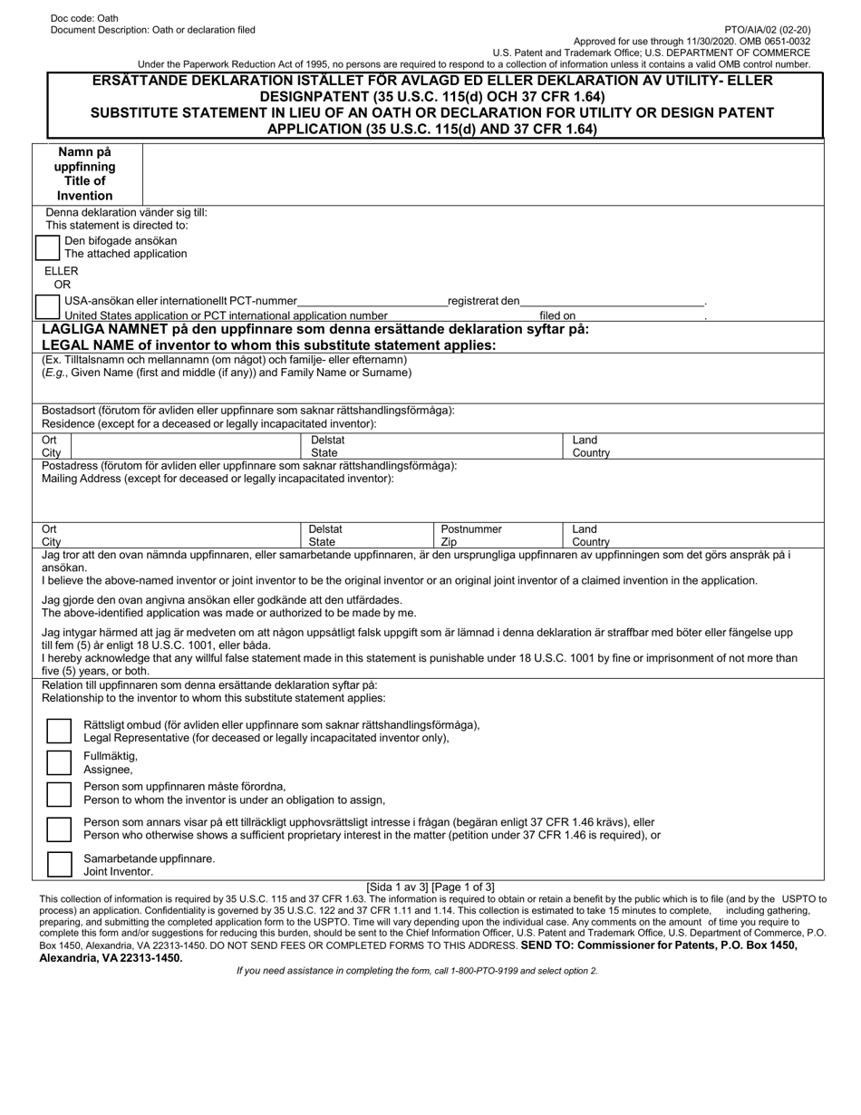 Form PTO / AIA / 02 Substitute Statement in Lieu of an Oath or Declaration for Utility or Design Patent Application (35 U.s.c. 115(D) and 37 Cfr 1.64) (English / Swedish), Page 1