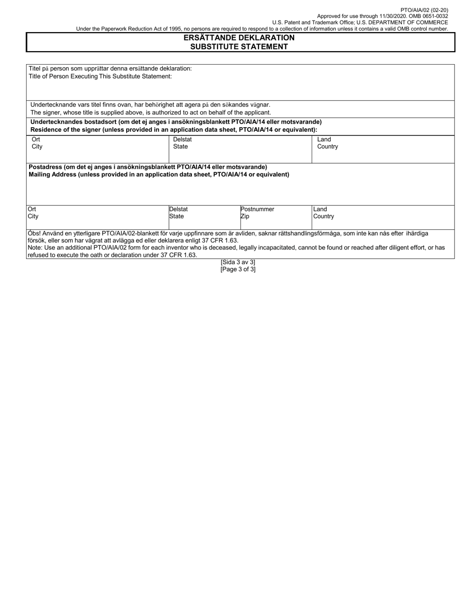 Form PTO / AIA / 02 Substitute Statement in Lieu of an Oath or Declaration for Utility or Design Patent Application (35 U.s.c. 115(D) and 37 Cfr 1.64) (English / Swedish), Page 3