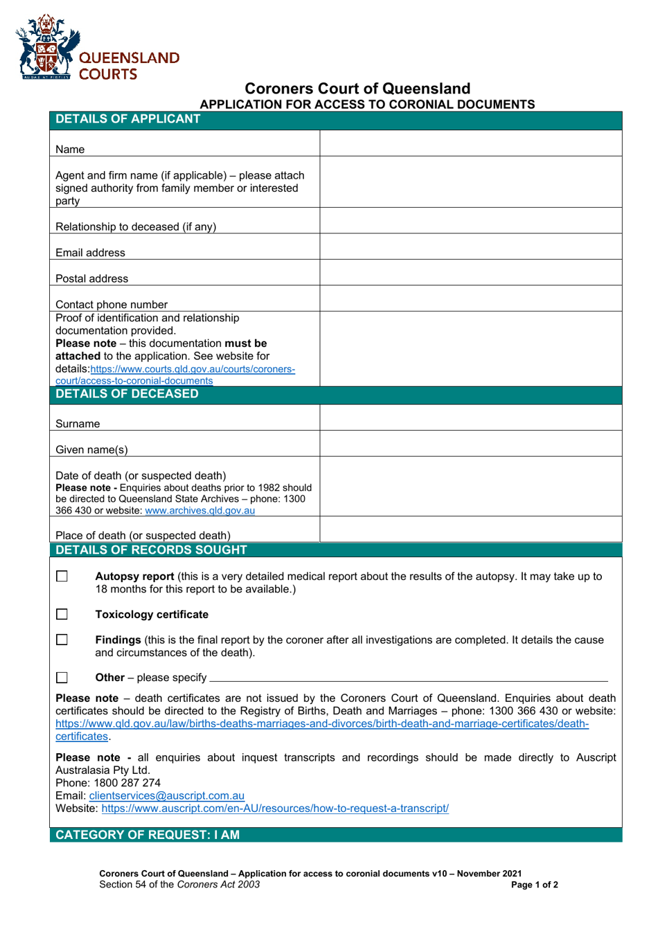 Application for Access to Coronial Documents - Queensland, Australia, Page 1
