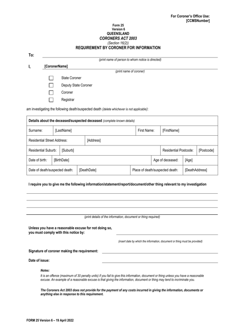 Form 25 Requirement by Coroner for Information - Queensland, Australia