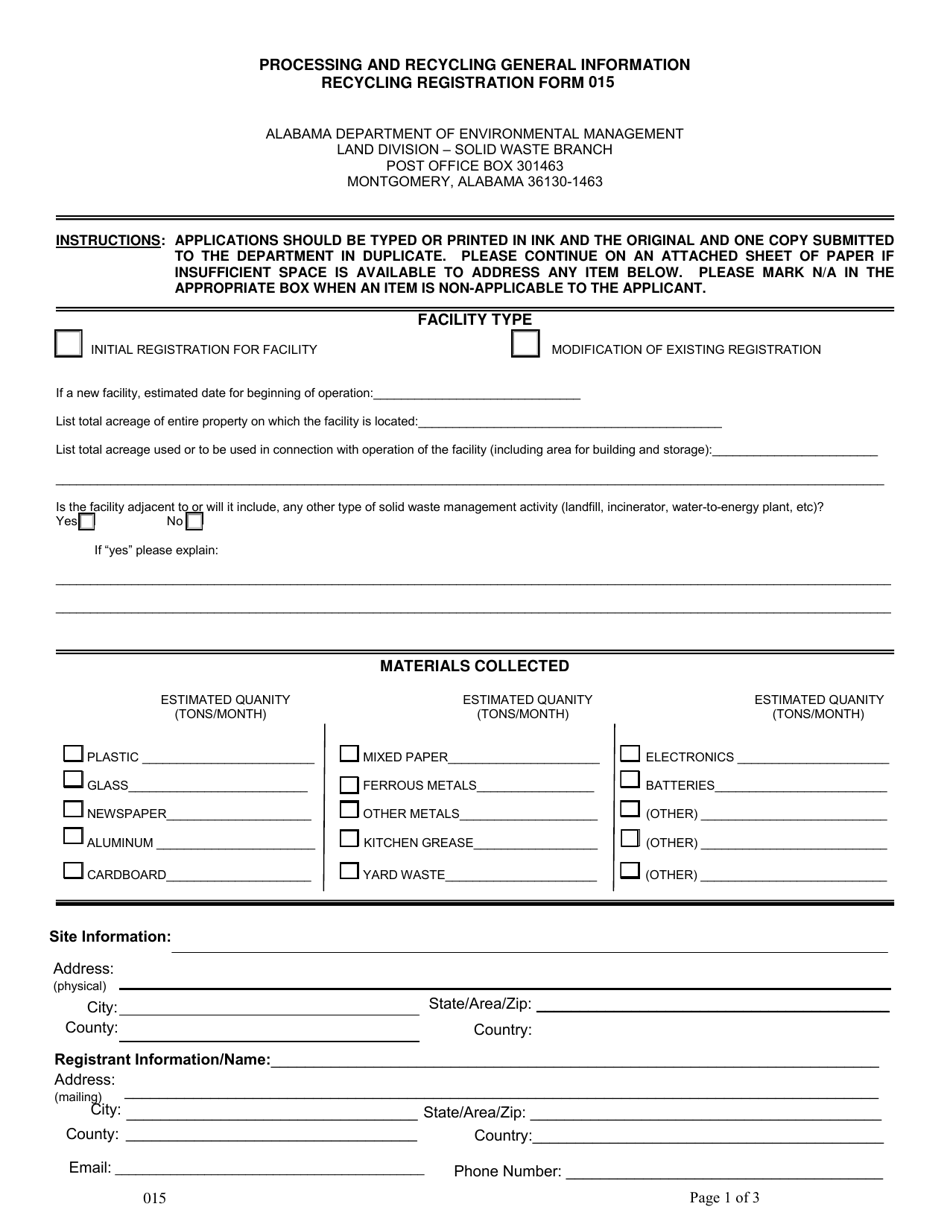ADEM Form 015 Processing and Recycling General Information Recycling Registration Form - Alabama, Page 2