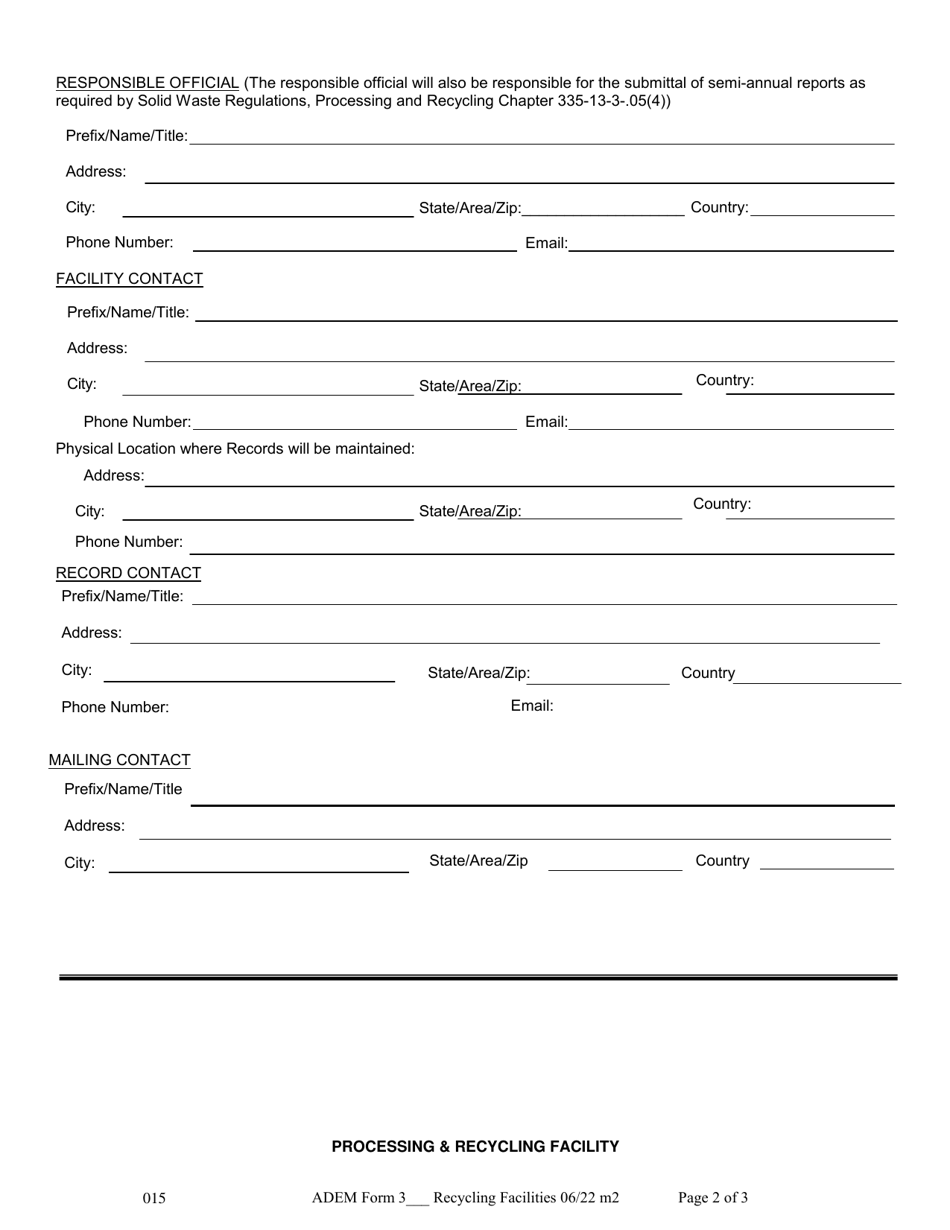 ADEM Form 015 Processing and Recycling General Information Recycling Registration Form - Alabama, Page 3