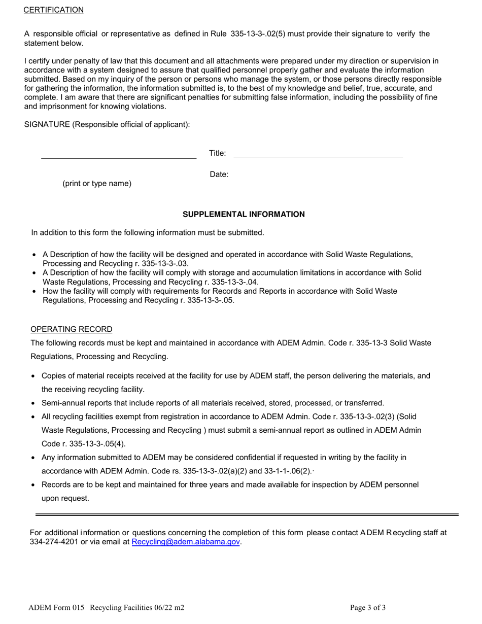 ADEM Form 015 Processing and Recycling General Information Recycling Registration Form - Alabama, Page 4