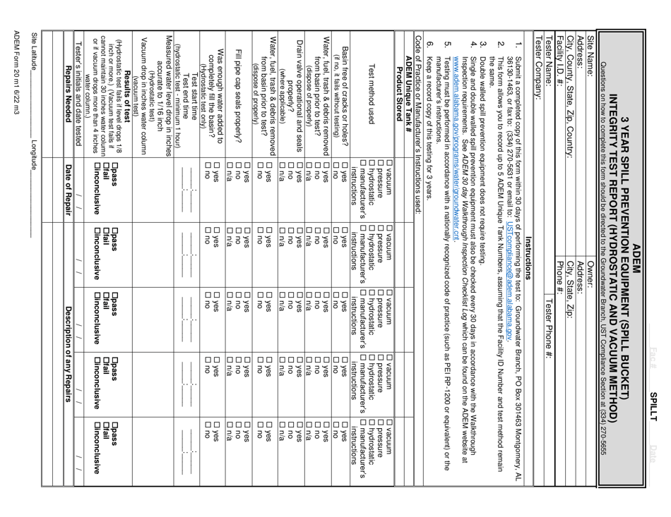 ADEM Form 20 3 Year Spill Prevention Equipment (Spill Bucket) Integrity Test Report (Hydrostatic and Vacuum Method) - Alabama, Page 2