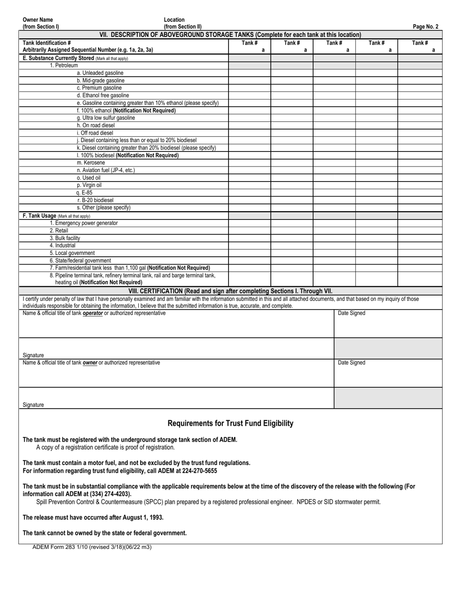 ADEM Form 283 Notification for Aboveground Storage Tanks - Alabama, Page 3
