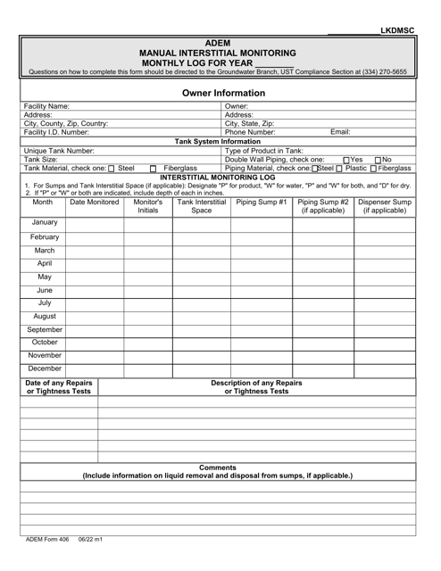 ADEM Form 406 Manual Interstitial Monitoring Monthly Log - Alabama