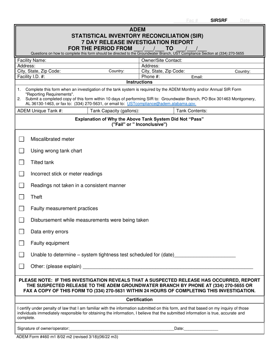 ADEM Form 460 Statistical Inventory Reconciliation (Sir) 7 Day Release Investigation Report - Alabama, Page 2