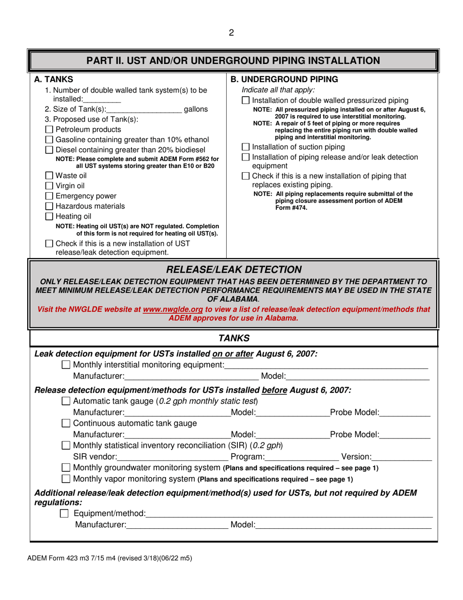 ADEM Form 423 Notice of Proposed Underground Storage Tank (Ust) System New Installation or Modification - Alabama, Page 3