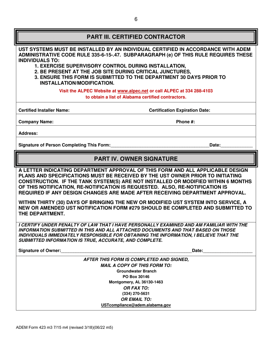 ADEM Form 423 Notice of Proposed Underground Storage Tank (Ust) System New Installation or Modification - Alabama, Page 7
