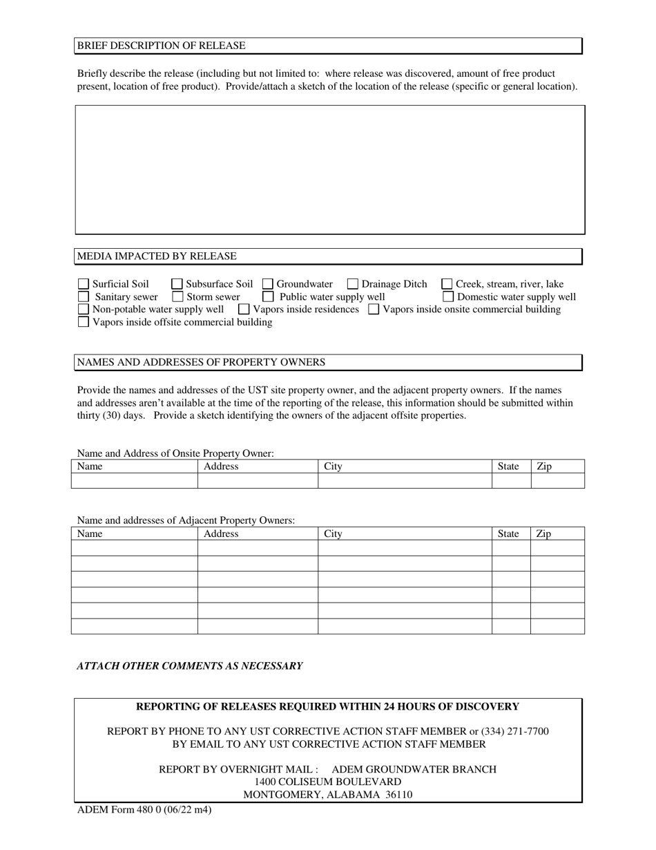 ADEM Form 480 Download Printable PDF or Fill Online Ust Release Report ...