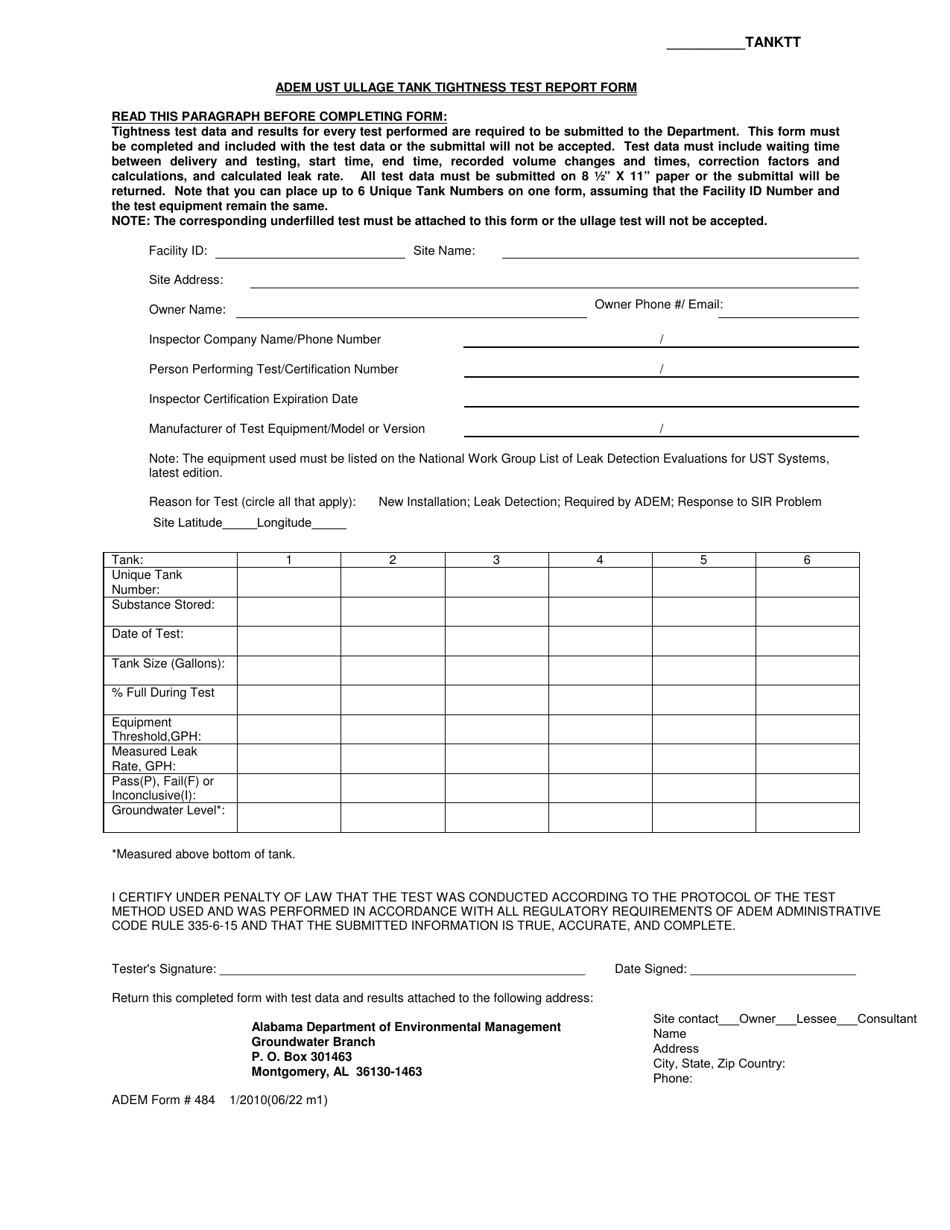 ADEM Form 484 Download Fillable PDF or Fill Online ADEM Ust Ullage Tank ...