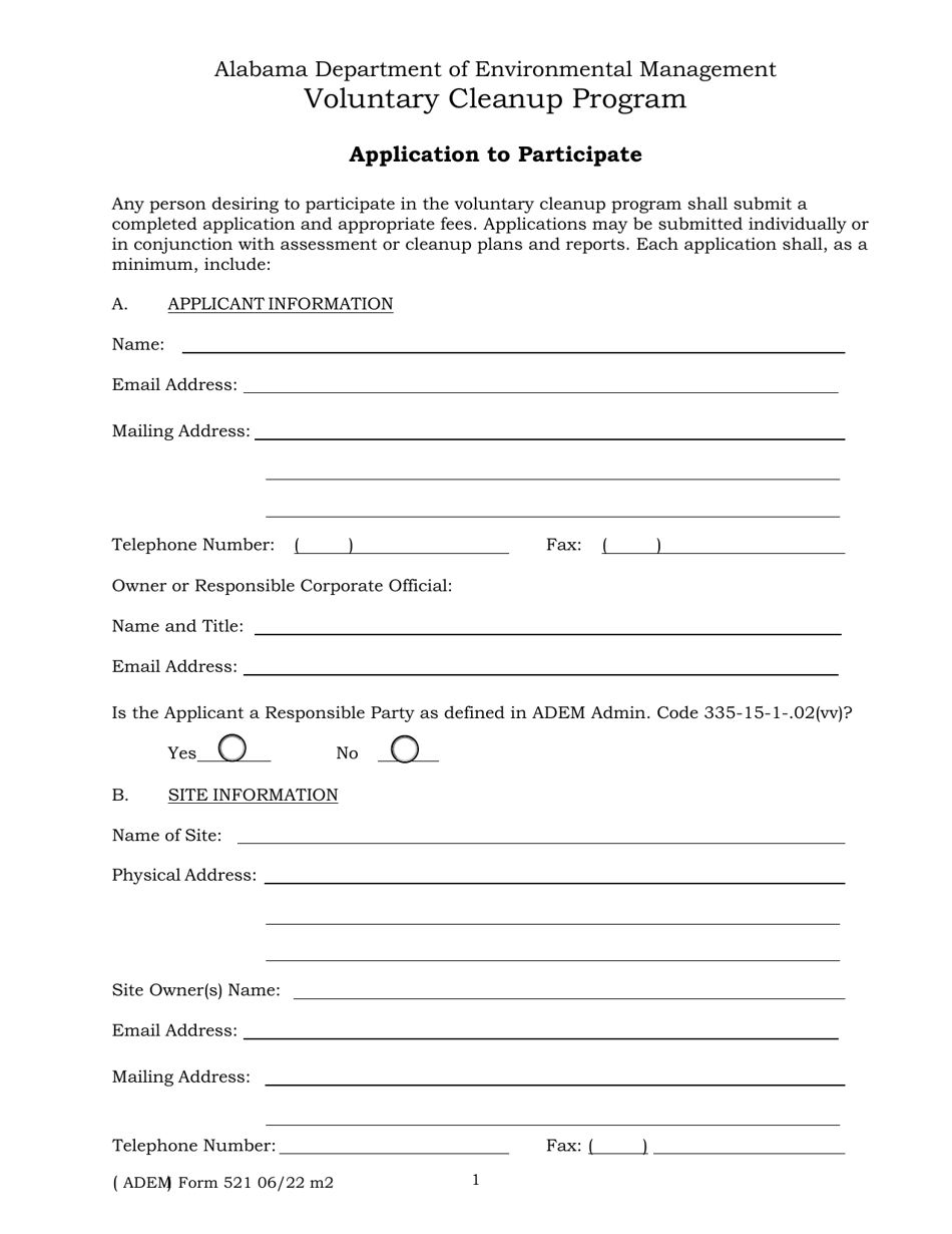 ADEM Form 521 Application to Participate - Voluntary Cleanup Program - Alabama, Page 1