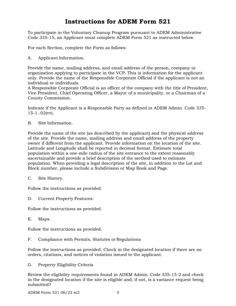 ADEM Form 521 Application to Participate - Voluntary Cleanup Program - Alabama, Page 5