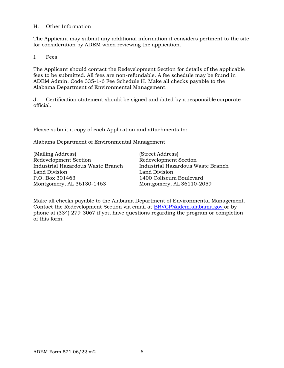 ADEM Form 521 Application to Participate - Voluntary Cleanup Program - Alabama, Page 6