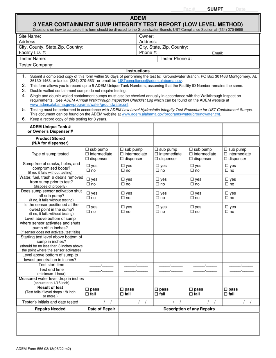 ADEM Form 556 3 Year Containment Sump Integrity Test Report (Low Level Method) - Alabama, Page 2