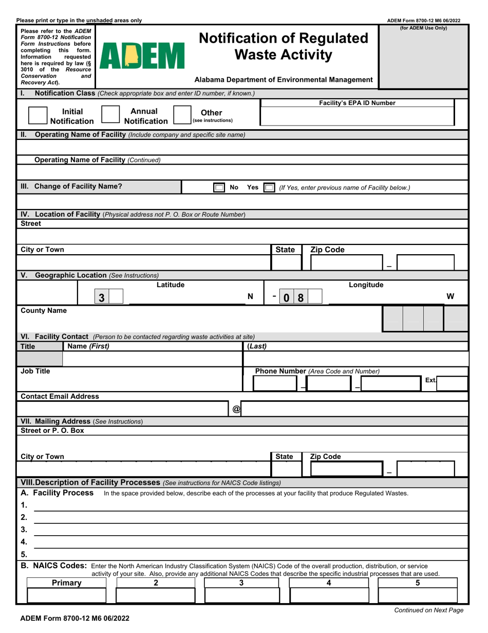 ADEM Form 8700-12 Notification of Regulated Waste Activity - Alabama, Page 1