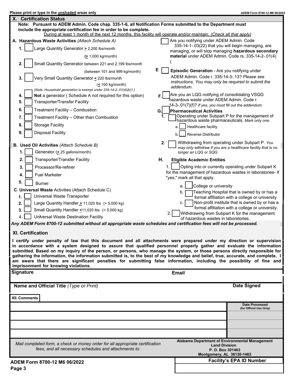 ADEM Form 8700-12 Download Fillable PDF or Fill Online Notification of ...