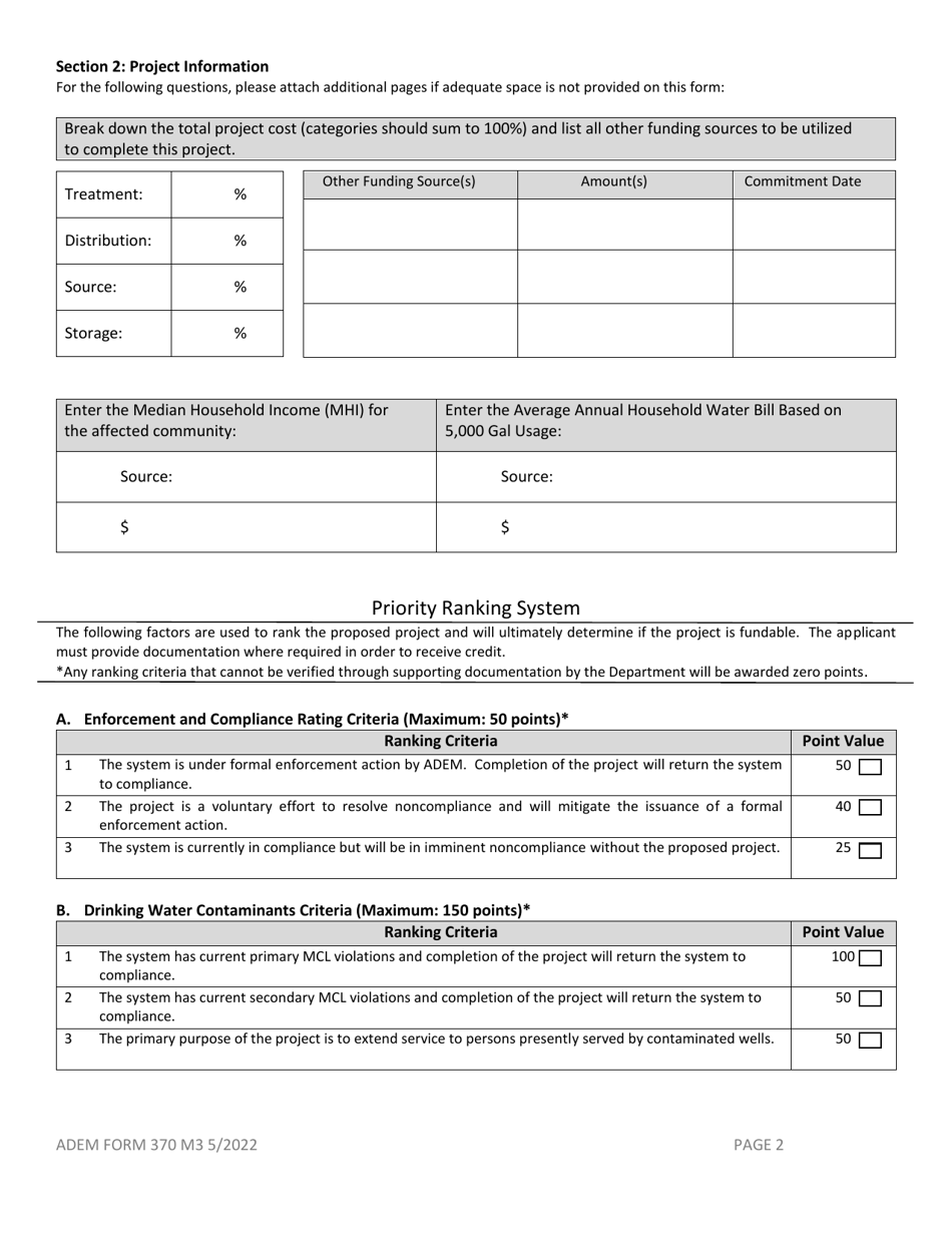ADEM Form 370 Drinking Water State Revolving Fund Preapplication - Alabama, Page 2