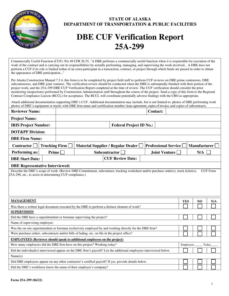 Form 25A-299 Dbe Cuf Verification Report - Alaska, Page 1