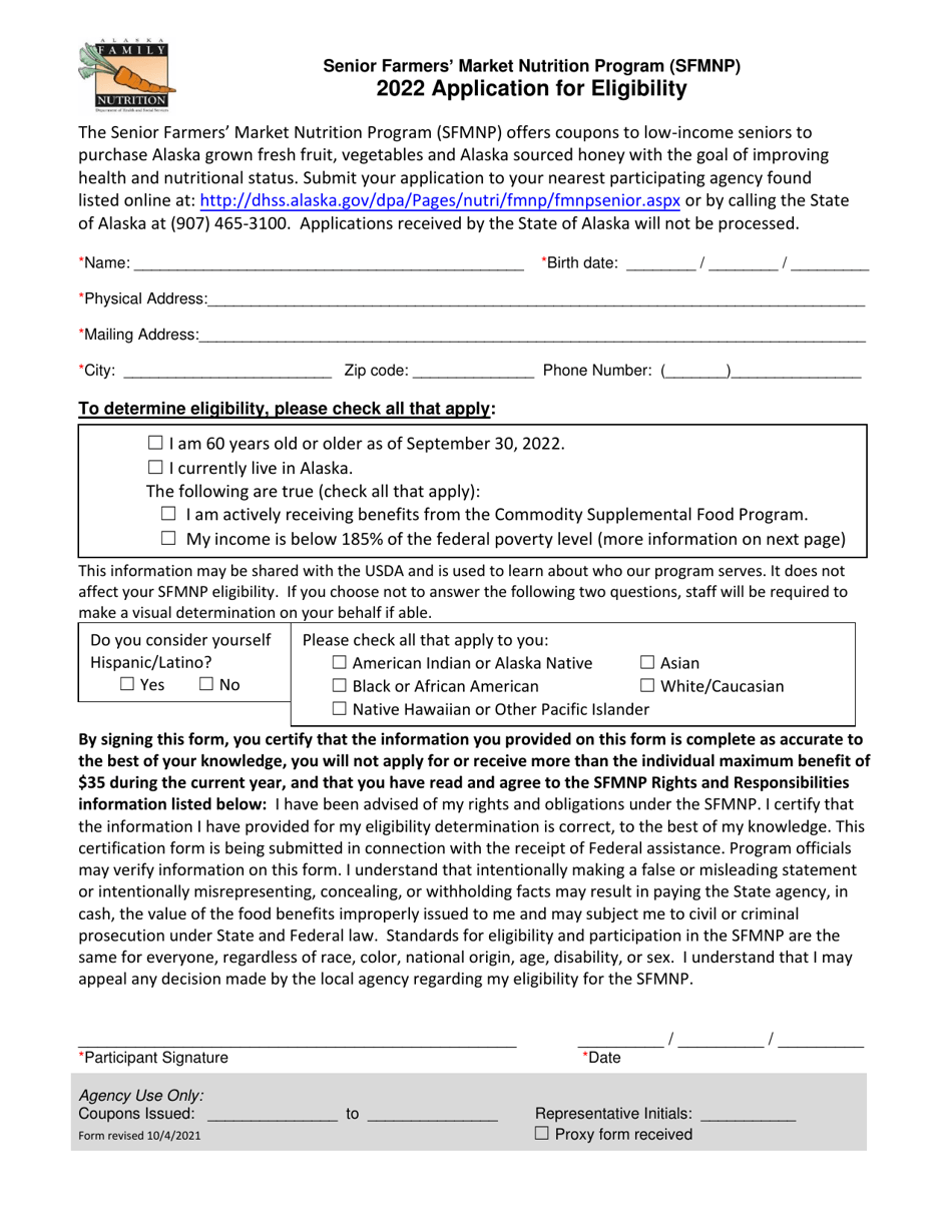 Application for Eligibility - Senior Farmers' Market Nutrition Program (Sfmnp) - Alaska, Page 1