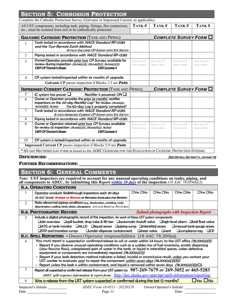 ADEC Form 18-0511 Ust Operations Inspection Report - Alaska, Page 11