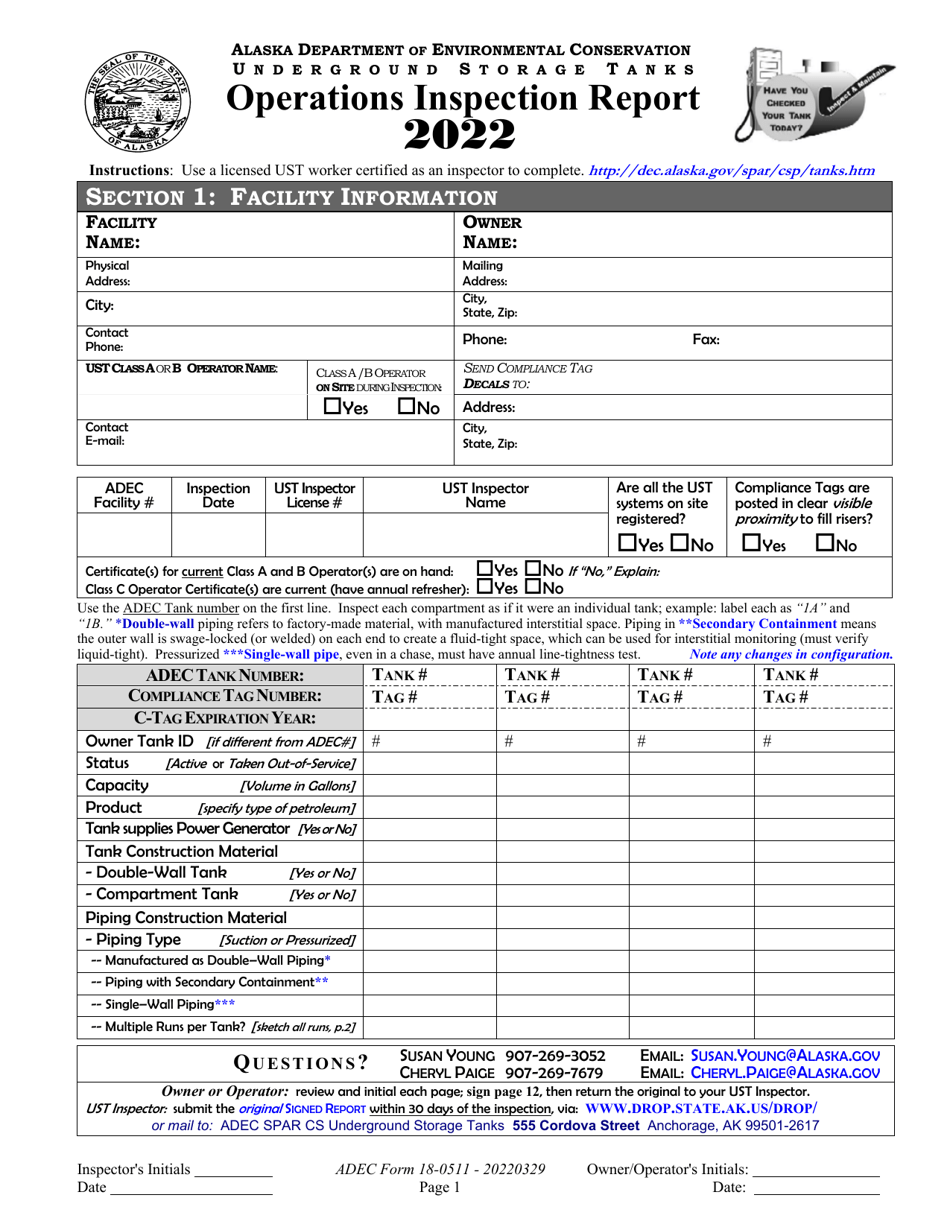 ADEC Form 18-0511 Ust Operations Inspection Report - Alaska, Page 1