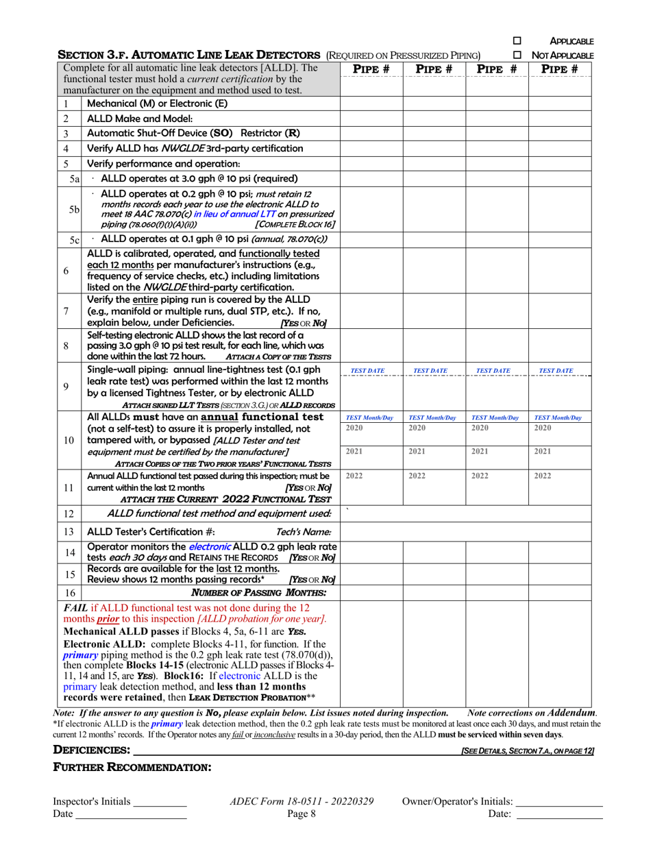 ADEC Form 18-0511 Ust Operations Inspection Report - Alaska, Page 8