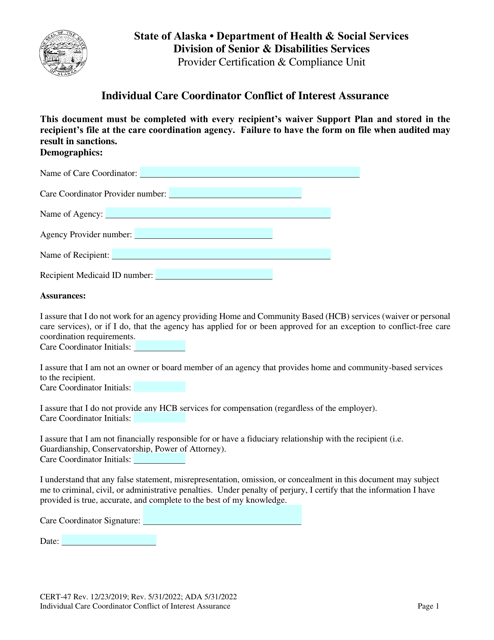 Form CERT-47 Individual Care Coordinator Conflict of Interest Assurance - Alaska